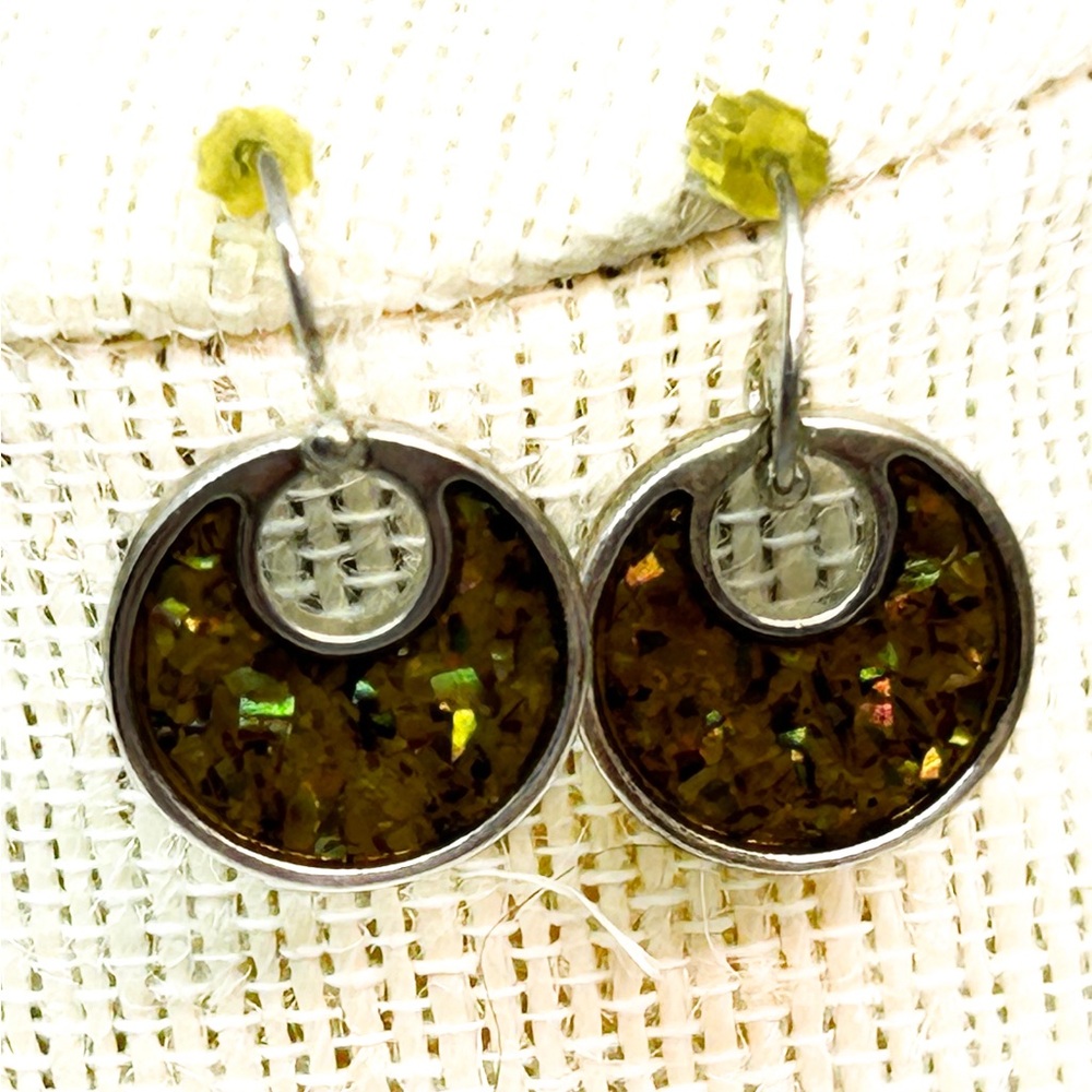 Vintage Circle Enamel Gemstone Silvertone Fishhook Earrings